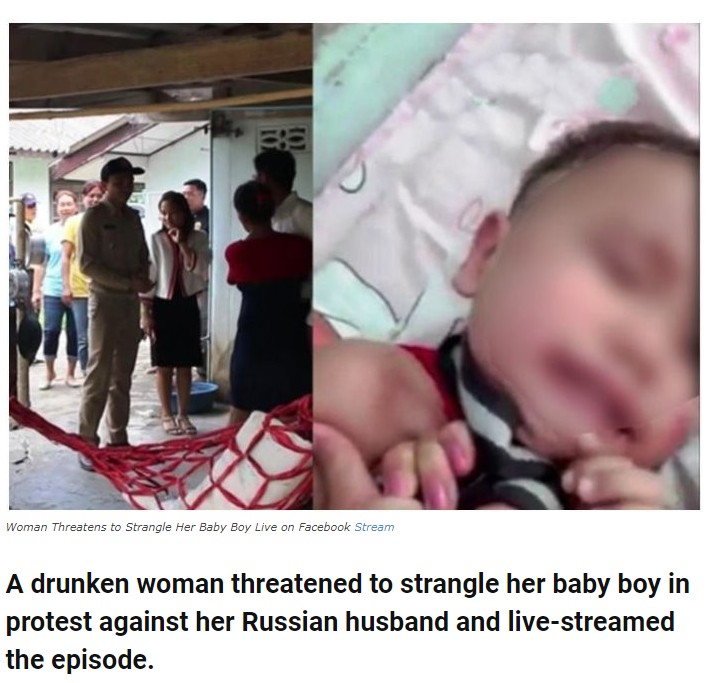 駆けつけた警察官らと配信された動画の一部（画像は『Bangkok Jack　2019年8月16日付「Russian father must SEND MORE MONEY or I strangle the baby」（Facebook Stream）』のスクリーンショット）