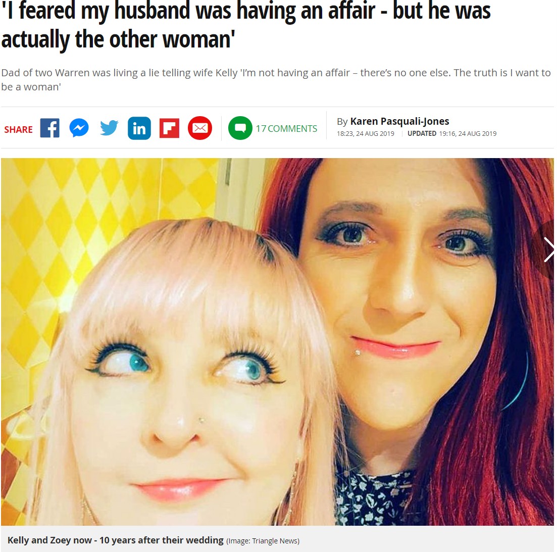女性として生きることを決意した夫（右）と妻（画像は『2019年8月24日付 Mirror「'I feared my husband was having an affair - but he was actually the other woman'」（Image: Triangle News）』のスクリーンショット）