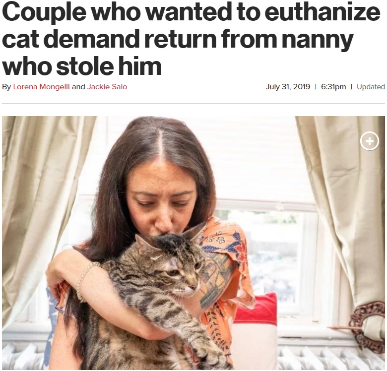 「安楽死」を口にする飼い主からの猫を連れ去った女性（画像は『New York Post　2019年7月31日付「Couple who wanted to euthanize cat demand return from nanny who stole him」（Dennis A. Clark）』のスクリーンショット）