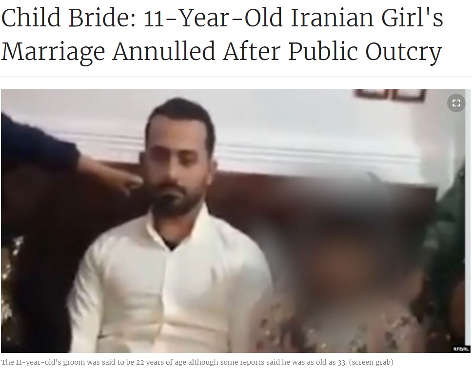 イランで撮影された22歳男性と11歳少女の結婚式（画像は『Radio Free Europe / Radio Liberty　2019年9月4日付「Child Bride: 11-Year-Old Iranian Girl’s Marriage Annulled After Public Outcry」』のスクリーンショット）