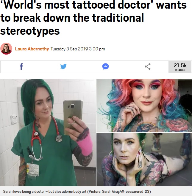タトゥーだらけの31歳の女医（画像は『Metro　2019年9月3日付「‘World’s most tattooed doctor’ wants to break down the traditional stereotypes」（Picture: Sarah Gray/@rosesarered_23）』のスクリーンショット）