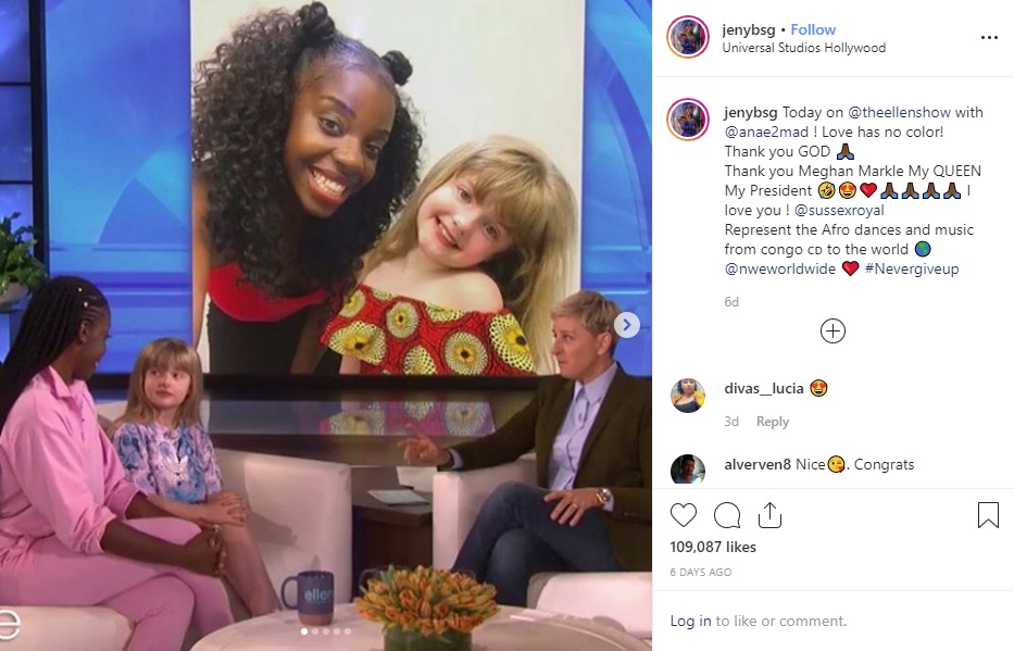 『エレンの部屋』に出演したダンス教師と9歳少女（画像は『Dancer Choreographer Model　2019年11月2日付Instagram「Today on ＠theellenshow with ＠anae2mad ! Love has no color!」』のスクリーンショット）