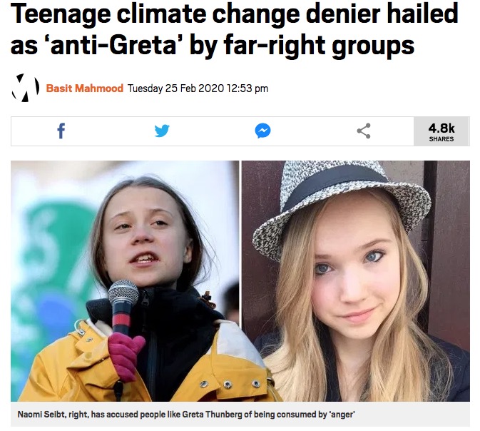 「アンチ・グレタ」と呼ばれるドイツの19歳少女（右）（画像は『Metro　2020年2月25日付「Teenage climate change denier hailed as ‘anti-Greta’ by far-right groups」』のスクリーンショット）