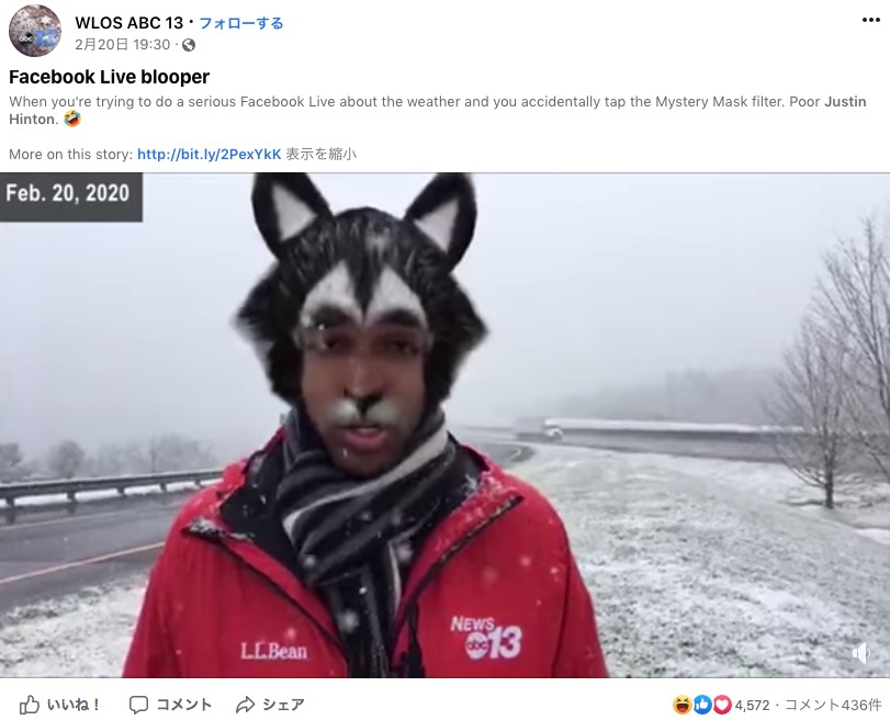 フェイスフィルターが起動しレポーターが魔法使いに！（画像は『WLOS ABC 13　2020年2月20日付Facebook「Facebook Live blooper When you’re trying to do a serious Facebook Live about the weather and you accidentally tap the Mystery Mask filter.」』のスクリーンショット）