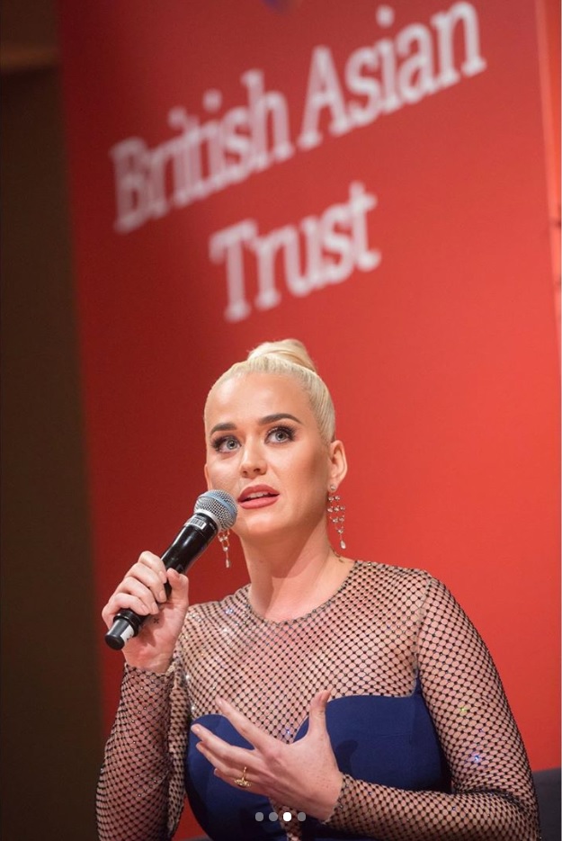 スピーチを行うケイティ・ペリー（画像は『KATY PERRY　2020年2月5日付Instagram「So pleased to be appointed by HRH The Prince of Wales ＠clarencehouse as ambassador for ＠thebritishasiantrust Children’s Protection Fund.」』のスクリーンショット）