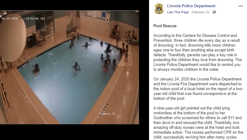 事故が発生したホテルのプール（画像は『Livonia Police Department　2020年2月12日付Facebook「According to the Centers for Disease Control and Prevention, three children die every day as a result of drowning.」』のスクリーンショット）