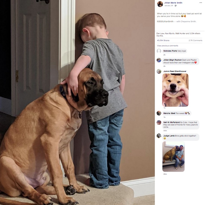 叱られてうなだれる3歳児に寄り添う犬（画像は『Jillian Marie Smith　2020年1月26日付Facebook「When you’re in time out but your best pal wont let you serve your time alone」』のスクリーンショット）