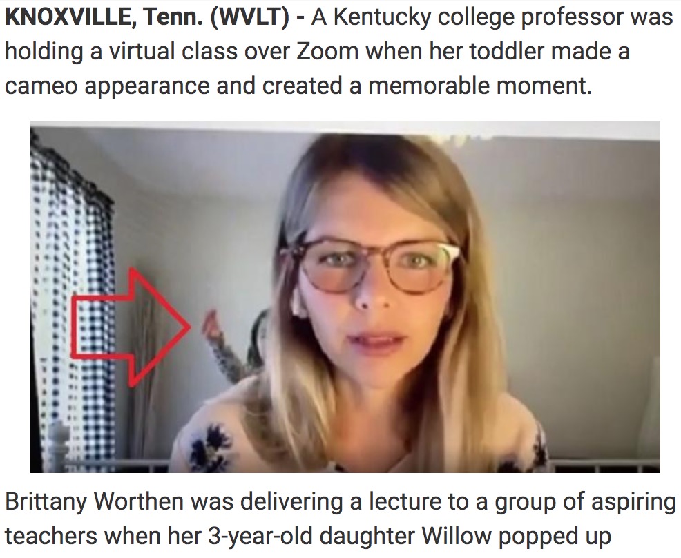 娘の一言で講義が中断することに…（画像は『KNOE 8 News　2020年4月24日付「“I got a booger!” Toddler screams as mom teaches virtual class」』のスクリーンショット）