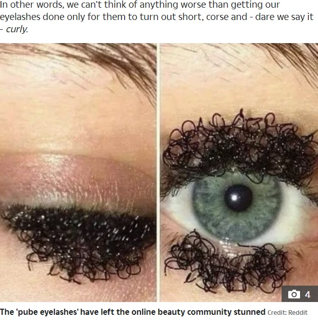 まるでアンダーヘア？　カーリーなまつ毛（画像は『The Sun　2020年4月24日付「EYE SAY! People are horrified as woman tries to make ‘pube lashes’ a trend in hideous beauty fail」（Credit: Reddit）』のスクリーンショット）