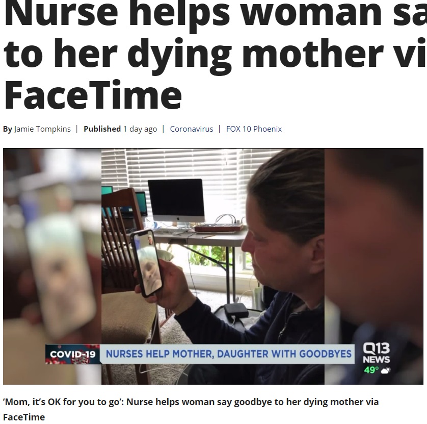母の最期に“FaceTime”で繋がった娘（画像は『FOX 2 Detroit　2020年4月1日付「‘Mom, it’s OK for you to go’: Nurse helps woman say goodbye to her dying mother via FaceTime」』のスクリーンショット）