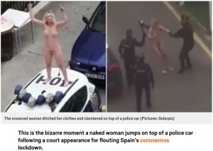 パトカーのルーフ上に飛び乗った全裸の女（画像は『Metro　2020年4月13日付「Naked woman jumps on police car after leaving court for lockdown breach」（Pictures: Solarpix）』のスクリーンショット）