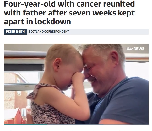 ほぼ2か月間、触れ合うことができなかった父と娘（画像は『ITV News　2020年5月6日付「Four-year-old with cancer reunited with father after seven weeks kept apart in lockdown」』のスクリーンショット）