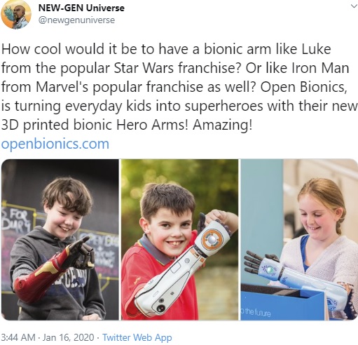 ヒーロー・アームを装着する子供たち（画像は『NEW-GEN Universe　2020年1月16日付Twitter「How cool would it be to have a bionic arm like Luke from the popular Star Wars franchise?」』のスクリーンショット）