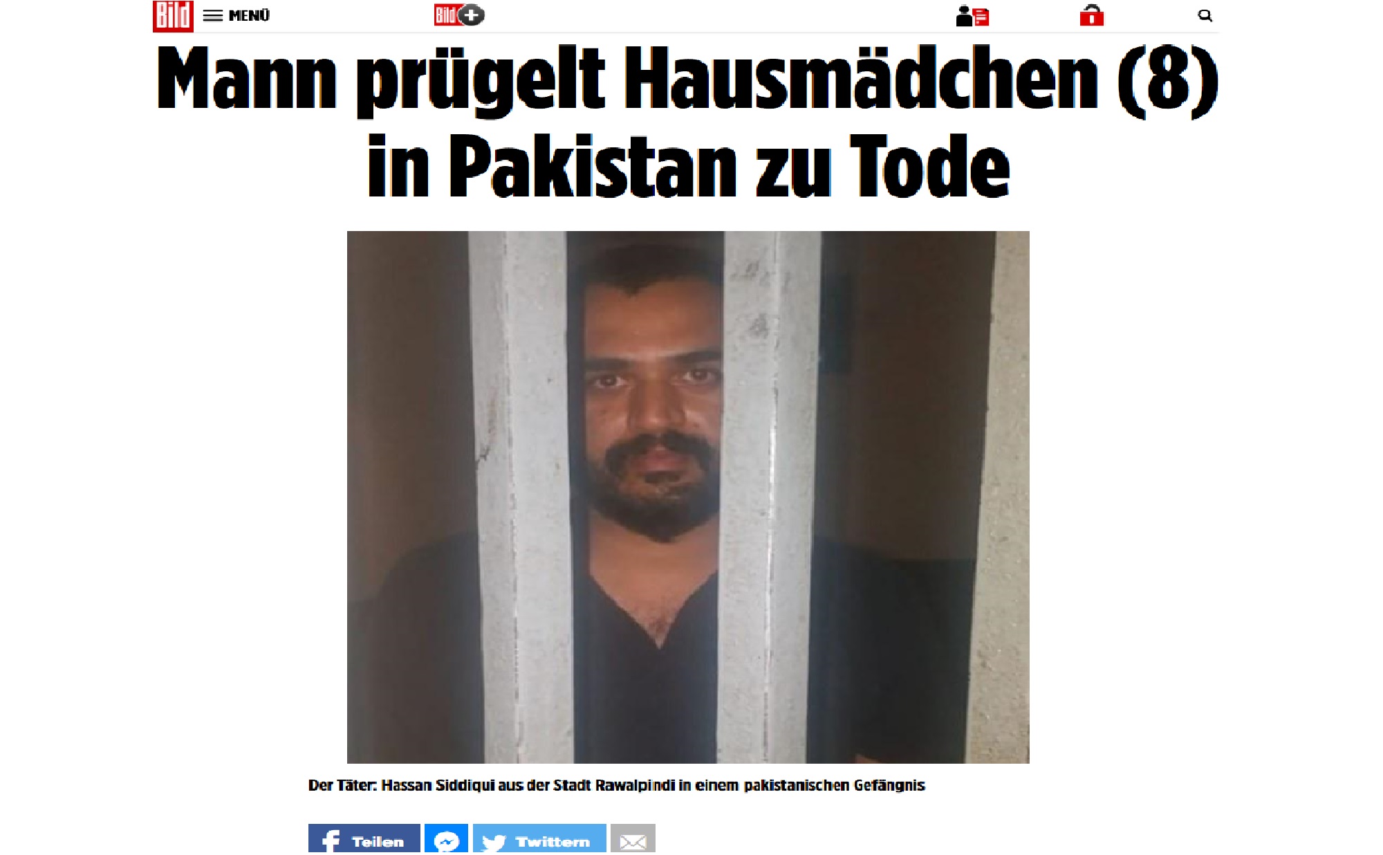 8歳少女に暴行した雇い主（画像は『Bild.de　2020年6月5日付「Mann prügelt Hausmädchen （8） in Pakistan zu Tode』のスクリーンショット）