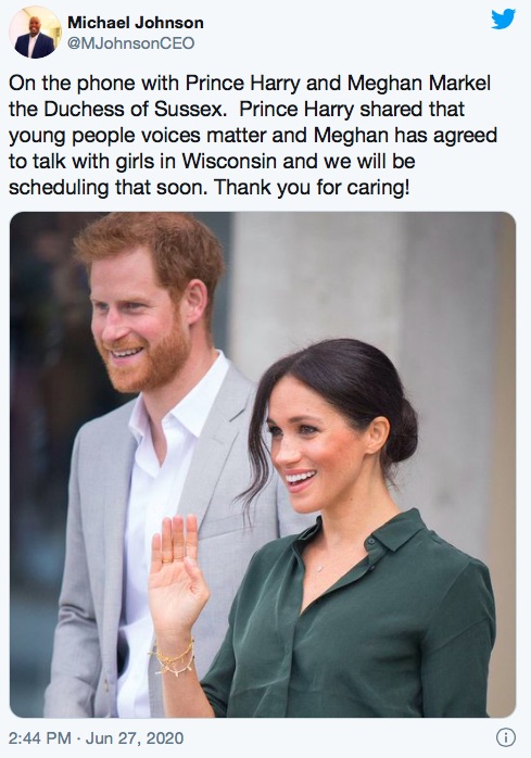 ヘンリー王子夫妻と電話で話したことを報告したマイケル・ジョンソン氏（画像は『Michael Johnson　2020年6月27日付Twitter「On the phone with Prince Harry and Meghan Markel the Duchess of Sussex.」』のスクリーンショット）