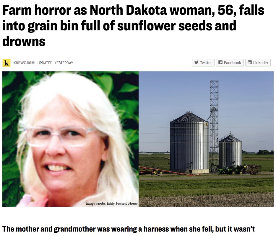 ヒマワリの種に埋もれて亡くなった女性（画像は『Knewz　2020年6月17日付「Farm horror as North Dakota woman, 56, falls into grain bin full of sunflower seeds and drowns」（Image credit:Eddy Funeral Home）』のスクリーンショット）