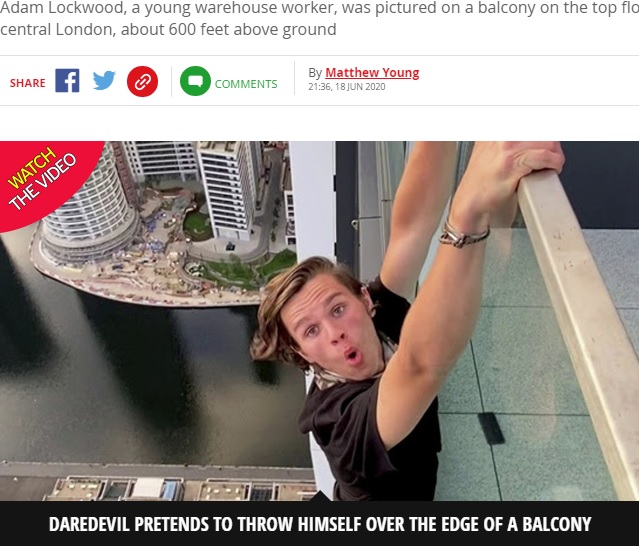 53階のマンション屋上でスタントするYouTuber（画像は『Mirror　2020年6月18日付「Heart-stopping moment teenage daredevil dangles off 600ft balcony with no equipment」（Image: Adam Lockwood/SWNS）』のスクリーンショット）