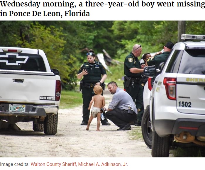 オムツ姿で発見された3歳児（画像は『Bored Panda　2020年6月19日付「“We Don’t Deserve Dogs”: Missing Autistic Toddler Found In The Care Of His Family’s Dogs」（Image credits: Walton County Sheriff, Michael A. Adkinson, Jr.）』のスクリーンショット）