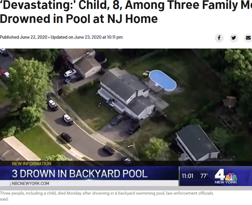 家族3人が溺死した家の上空からの写真（画像は『NBC New York　2020年6月22日付「‘Devastating:’ Child, 8, Among Three Family Members Found Drowned in Pool at NJ Home」』のスクリーンショット）