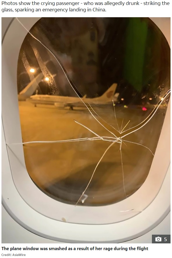 酔っ払った女が暴れ、ヒビが入った窓（画像は『The Sun　2020年6月15日付「MILE HIGH MELTDOWN Woman tries to smash plane window mid flight during furious row with her boyfriend」（Credit: AsiaWire）』のスクリーンショット）