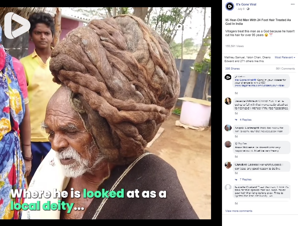 95年間、髪を切ったことがないという男性（画像は『It’s Gone Viral　2020年7月8日付Facebook「Villagers treat this man as a God because he hasn’t cut his hair for over 95 years」』のスクリーンショット）