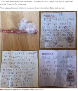 ガンダルフの首輪に付けられていた3枚の手紙（画像は『WalesOnline　2020年7月12日付「Cat comes back with angry note tied to collar threatening to kidnap it」（Image: Handout）』のスクリーンショット）