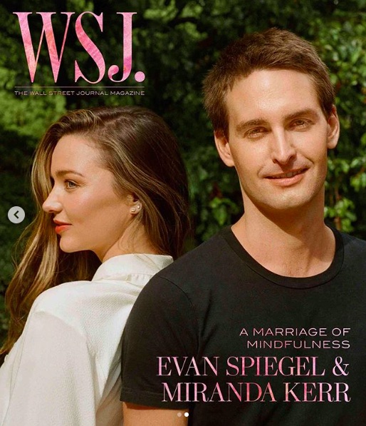 表紙を飾ったミランダ・カー＆エヴァン・シュピーゲル氏（画像は『Miranda　2020年7月14日付Instagram「July cover of ＠wsjmag out now」』のスクリーンショット）