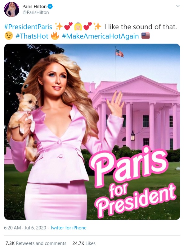 ピンク大好きなパリス・ヒルトンらしい選挙ポスター（画像は『Paris Hilton　2020年7月5日付Twitter「＃PresidentParis I like the sound of that.」』のスクリーンショット）