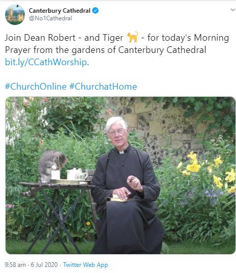 リモート礼拝の配信中、堂々とミルクを舐める猫（画像は『Canterbury Cathedral　2020年7月6日付Twitter「Join Dean Robert - and Tiger - for today’s Morning Prayer from the gardens of Canterbury Cathedral」』のスクリーンショット）