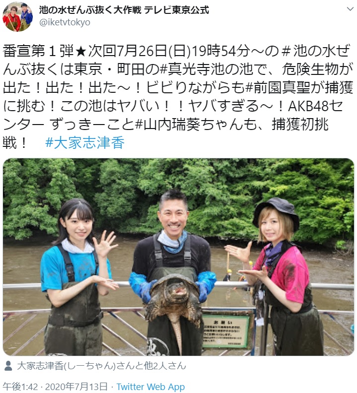 『池の水ぜんぶ抜く』で共演した山内瑞葵と大家志津香、中央はカミツキガメを抱える前園真聖（画像は『池の水ぜんぶ抜く大作戦 テレビ東京公式　2020年7月13日付Twitter「番宣第1弾」』のスクリーンショット）