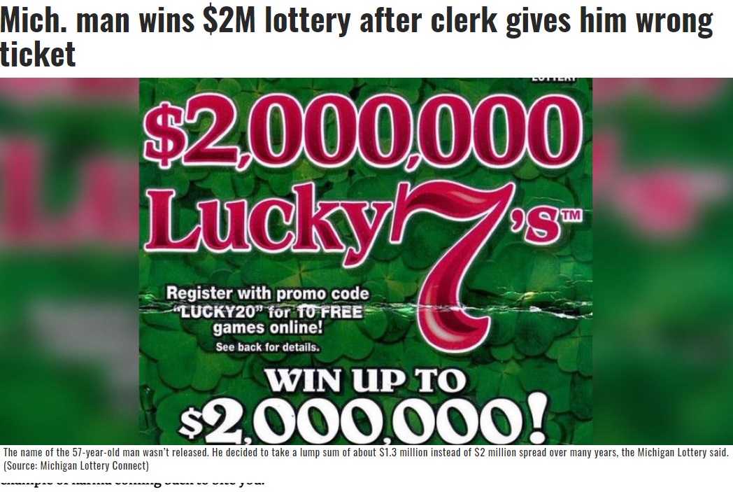 男性が幸運にも当選した宝くじ「ラッキー7」（画像は『WMC Action News 5　2020年7月14日付「Mich. man wins ＄2M lottery after clerk gives him wrong ticket」（Source: Michigan Lottery Connect）』のスクリーンショット）