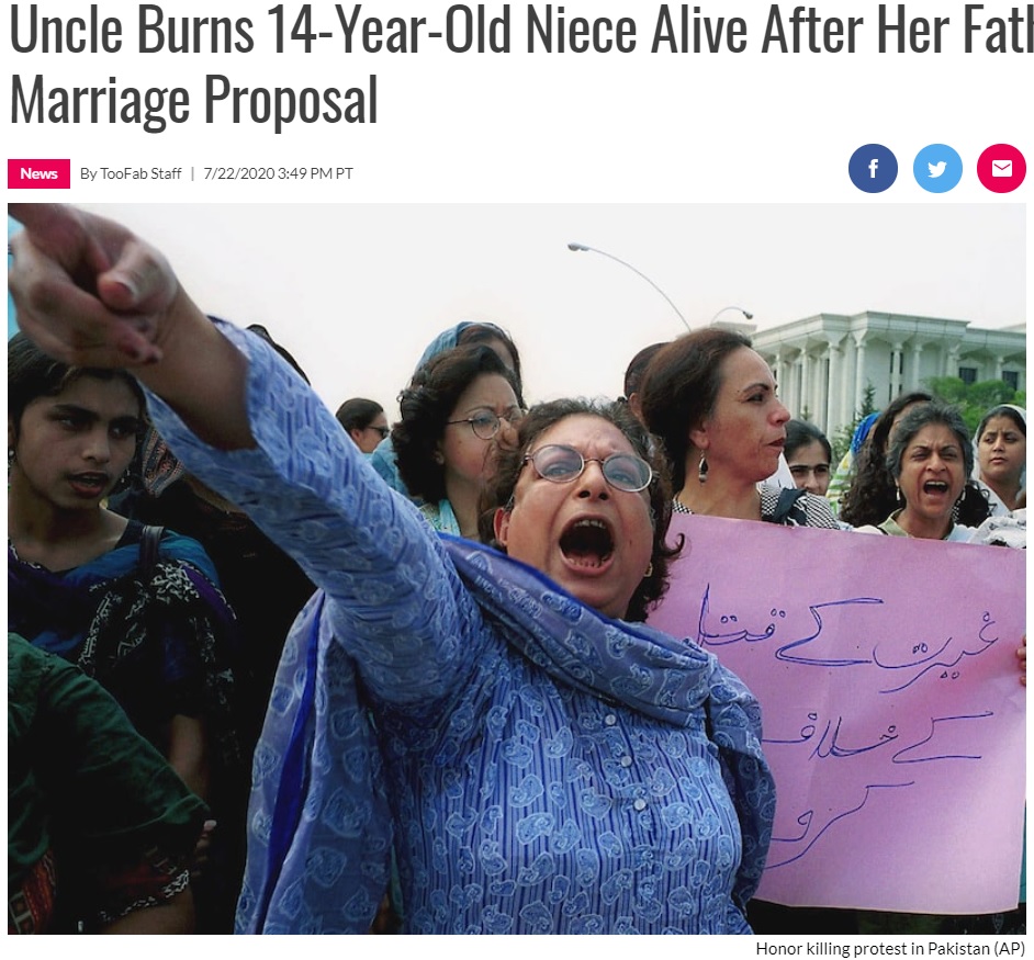 パキスタンで名誉殺人に抗議する人々（画像は『toofab.com　2020年7月22日付「Uncle Burns 14-Year-Old Niece Alive After Her Father Refused Cousin Marriage Proposal」（AP）』のスクリーンショット）
