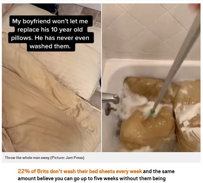 10年分の汚れが付着した枕（画像は『Metro　2020年9月23日付「Internet horrified as woman washes boyfriend’s pillows after he didn’t clean them for 10 years」（Picture: Jam Press）』のスクリーンショット）