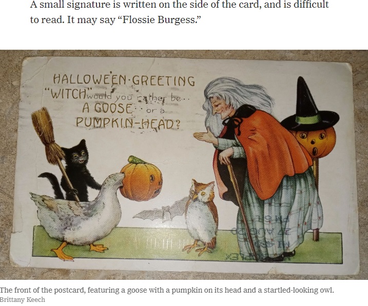 ハロウィンの絵が描かれたハガキ（画像は『The New York Times　2020年9月11日付「Dated 1920, a Postcard Finally Gets Delivered」（Brittany Keech）』のスクリーンショット）