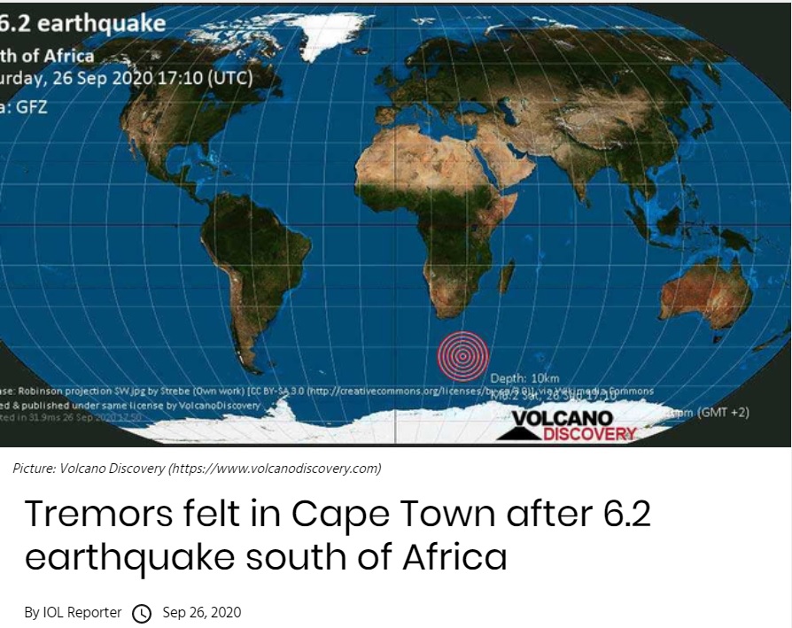 震源地はケープタウンから1918キロ南南東の沖合（画像は『IOL News　2020年9月26日付「Tremors felt in Cape Town after 6.2 earthquake south of Africa」』のスクリーンショット）