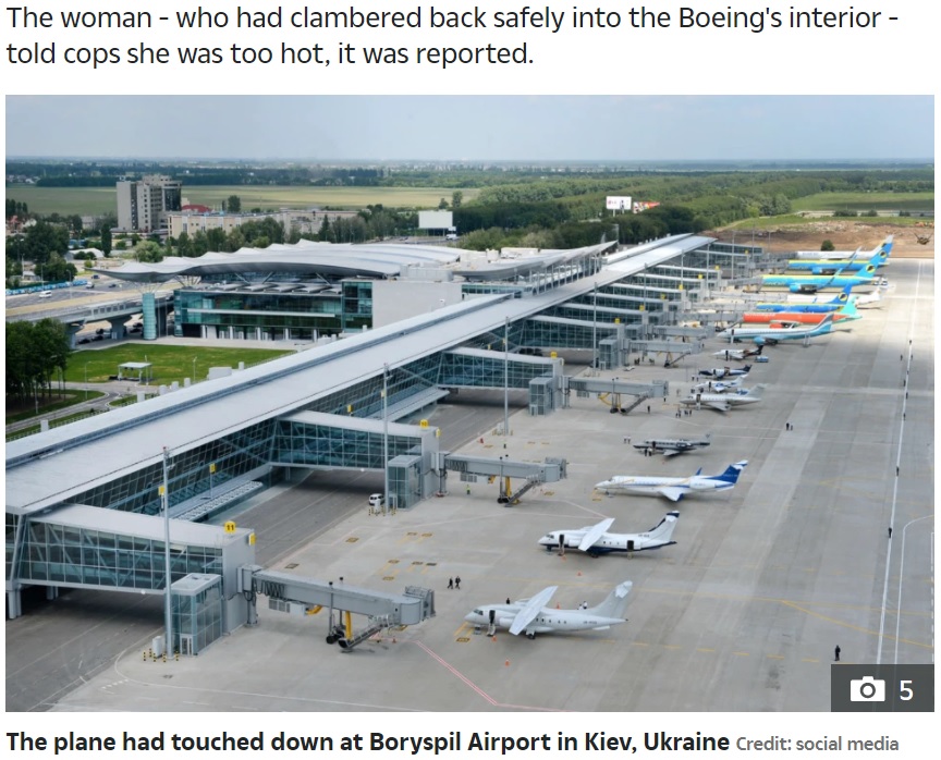 珍事があったボルィースピリ国際空港（画像は『The Sun　2020年9月1日付「FLIGHTMARE Woman walks onto aeroplane wing after complaining she’s ‘too hot’ as stunned passengers watch her open doors onto runway」（Credit: social media）』のスクリーンショット）