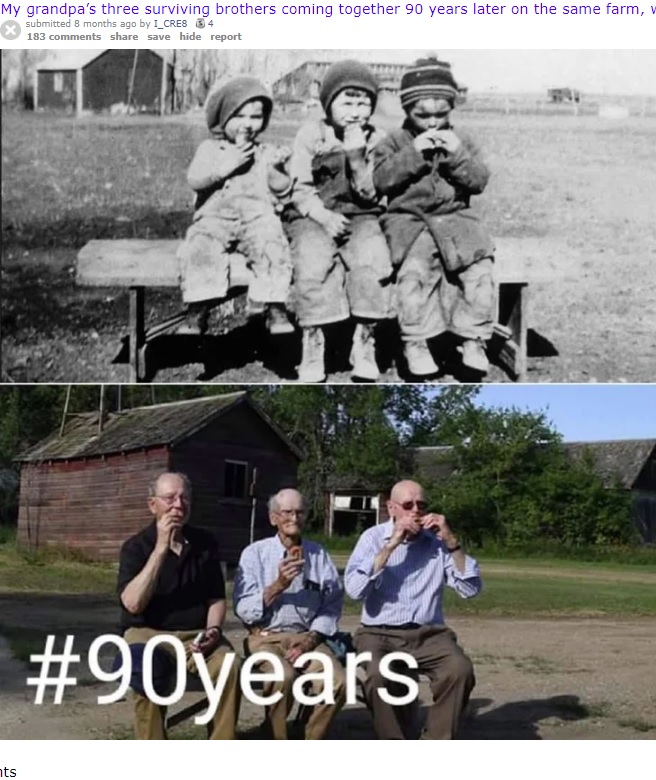 1929年（上）と2019年（下）に撮影された3兄弟（画像は『old.reddit.com　2020年1月15日付「My grandpa’s three surviving brothers coming together 90 years later on the same farm, with the same exact bench.」』のスクリーンショット）