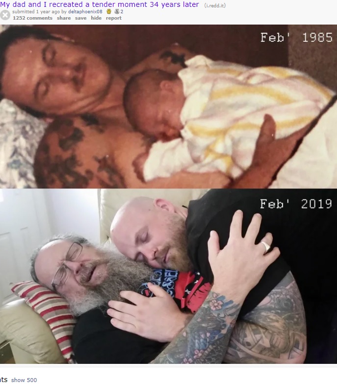 1985年と同じポーズで34年後に撮影した父と息子（画像は『old.reddit.com　2019年2月3日付「My dad and I recreated a tender moment 34 years later」』のスクリーンショット）
