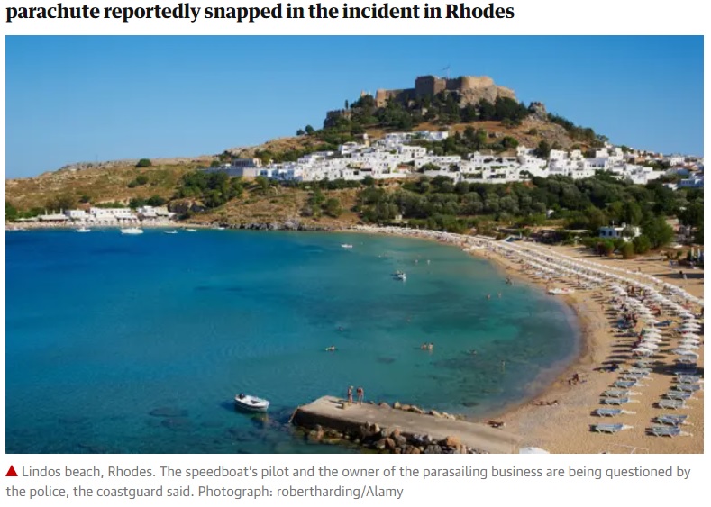 エーゲ海に囲まれたロドス島でパラセーリングによる事故発生（画像は『The Guardian　2020年10月28日付「Two British teenagers killed and third critically injured parasailing in Greece」（Photograph: robertharding/Alamy）』のスクリーンショット）