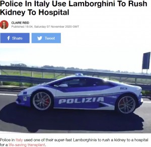 臓器を運ぶランボルギーニ（画像は『LADbible　2020年11月7日付「Police In Italy Use Lamborghini To Rush Kidney To Hospital」（Credit: Twitter/＠poliziadistato）』のスクリーンショット）