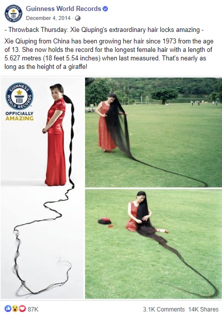 5.627メートルで「世界で最も髪の長い女性」（画像は『Guinness World Records　2014年12月4日付Facebook「Throwback Thursday」』のスクリーンショット）