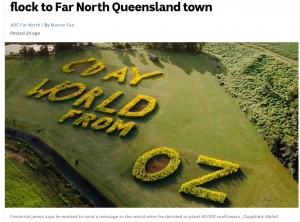4万本以上のひまわりを使った巨大なメッセージ（画像は『ABC News　2020年11月5日付「Sunflower message spreads joy as thousands flock to Far North Queensland town」（Supplied: Mehdi Genest）』のスクリーンショット）