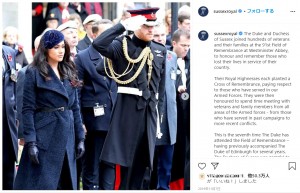 昨年の式典でウェストミンスター寺院を訪れたメーガン妃とヘンリー王子（画像は『The Duke and Duchess of Sussex　2019年11月7日付Instagram「he Duke and Duchess of Sussex joined hundreds of veterans and their families at the 91st Field of Remembrance at Westminster Abbey, to honour and remember those who lost their lives in service of their country.」』のスクリーンショット）