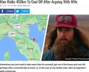 【海外発！Breaking News】夫婦喧嘩で家を飛び出した男性、450kmをさ迷い歩く「イタリア版フォレスト・ガンプ」と呼ばれる