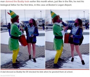 父グレゴリーさんのドッキリに爆笑するアレイナさん（画像は『New York Post　2020年12月24日付「Dad dressed as Buddy the Elf surprises mortified daughter at school」（＠coach1091/TikTok）』のスクリーンショット）