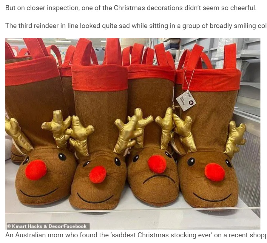 並べられたトナカイのブーツに1つだけ「悲しそうな顔」が（画像は『WhatsNew2Day　2020年12月16日付「‘If 2020 was a Christmas stocking’: Amusing Kmart ‘fail’ leaves shoppers hysterical」（Kmart Hacks ＆ Decor/Facebook）』のスクリーンショット）