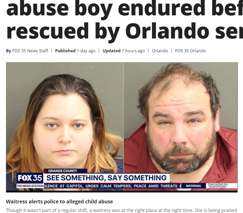 育児放棄と児童虐待により逮捕されたクリスティンとティモシー（画像は『FOX 35 Orlando　2021年1月15日付「‘It was torture’ Police describe abuse boy endured before being rescued by Orlando server」』のスクリーンショット）