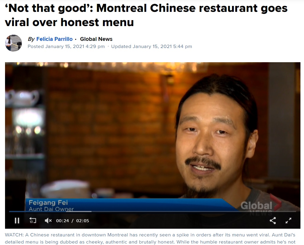 「お客にも正直でいたい」とレストランのオーナー（画像は『Global News　2021年1月15日付「‘Not that good’: Montreal Chinese restaurant goes viral over honest menu」』のスクリーンショット）