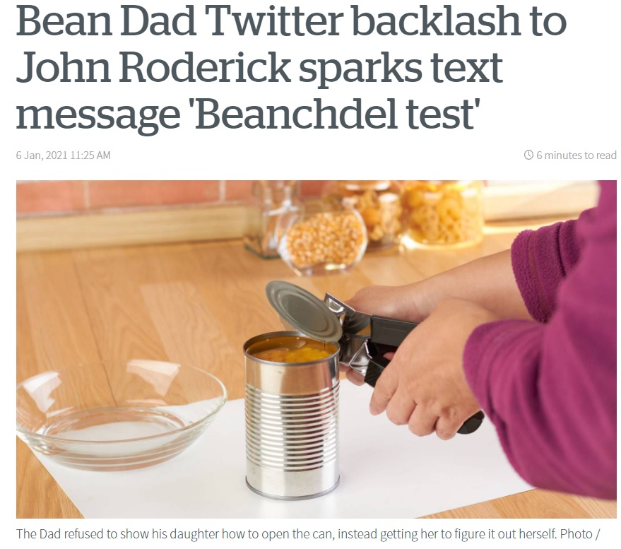 9歳娘は6時間も缶の開け方について悩むことに（画像は『NZ Herald　2021年1月6日付「Bean Dad Twitter backlash to John Roderick sparks text message ‘Beanchdel test’」（Photo / 123rf）』のスクリーンショット）