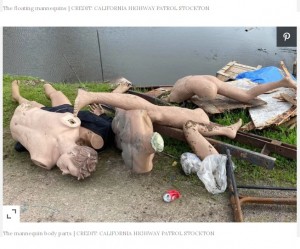 不法投棄された数体のマネキン人形（画像は『People.com 2021年2月16日付「Floating Mannequin Limbs Mistaken for Human Bodies in Northern Calif. Canal: ‘Only in Stockton’」（CREDIT: CALIFORNIA HIGHWAY PATROL STOCKTON）』のスクリーンショット）